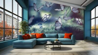 Huge butterflies and the little glowing mushrooms in the woods. Wall mural