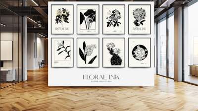 Abstract floral posters template collection. Modern Botanical trendy black style. Vintage flowers. Ink wall  art. Wall mural