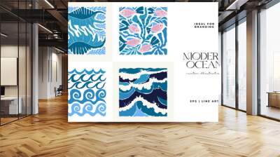 Underwater world, ocean, sea, fish and shells vertical flyer or poster template. Modern trendy Matisse minimal style. Wall mural