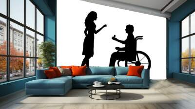 Silhouettes of man in wheelchair makes an offer gives wedding ring to woman Wall mural