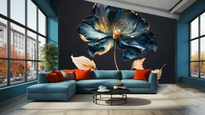 Blue white gold flower closeup, navy background, modern floral painting art illustration  Wall mural