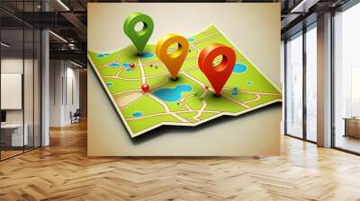 Generic city map with green yellow red map marker, plain background, clip art 3d illustration Wall mural