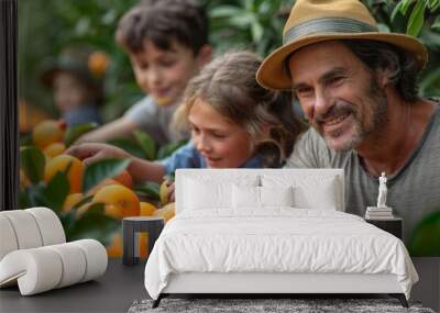 Family enjoying a day out at a fruit orchard, with children and parents picking ripe fruits together Wall mural