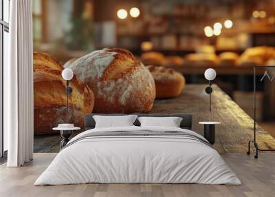 Freshly Baked Bread on Wooden Table. Wall mural