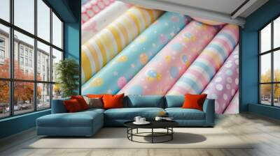 Pastel Dream: A symphony of pastel colors and whimsical patterns, this image captures the essence of dreamy sweetness. Close up shot of soft, colorful, and textured candy cane stripes. The perfect bac Wall mural