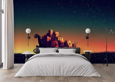 Sleigh full of Christmas presents against a starry night sky. Wall mural