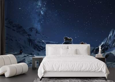 Two Dogs Looking at the Milky Way on a Snowy Mountaintop. Wall mural