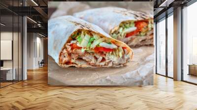 Roll with chicken and vegetables. Shawarma. Fast food. Wall mural