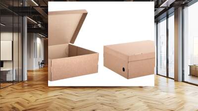 Set of two angles of a cardboard box in closed and open form, isolated on a white background. Biodegradable and recyclable packaging. Wall mural