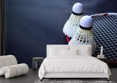 Badminton shutter cocks on racket are on dark background Wall mural