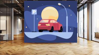 Overnight parking vector illustration with red car near parking sign by moonlight and lantern for web and printing. Coral minivan parked correctly due to rules overnight in the street parking place. Wall mural