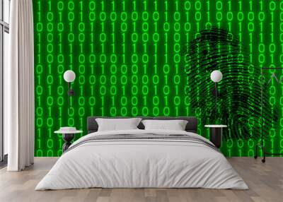 Black fingerprint on digital background of binary code pattern. Abstract texture of green 1 and 0 digits. Idea of digitization, software, AI. Concept of espionage, theft or sabotage in cyber space. Wall mural