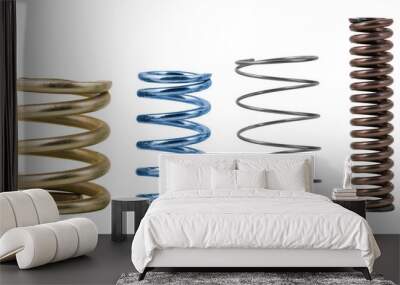 four steel compression coil springs with varied surface finish isolated on white background. springy Wall mural