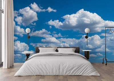 romantic panoramic cloudscape with azure blue heaven. idyllic sunlit panorama with flowing white flu Wall mural