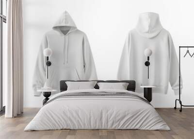 Isolated plain white hoodie mockup, seen from the front and back on a transparent white background Wall mural