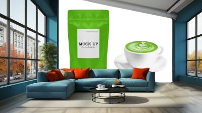 Premium Coffee Packaging Mock up Bag and a cup of matcha green tea latte isolated on white background with clipping path Wall mural