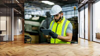 40's male industrial engineer wearing a white helmet while standing in a heavy industrial factory behind. The Maintenance looking of working at industrial machinery and check security system setup. Wall mural