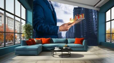 Businessman using tablet with finance and banking profit graph of stock market trade indicator financial Wall mural