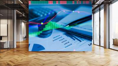 Stack coin money with report finance and banking with profit graph of stock market trade indicator financial.Double exposure style Wall mural