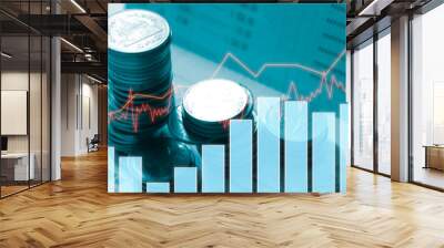 Stack coin money with report finance and banking with profit graph of stock market trade indicator financial.Double exposure style Wall mural