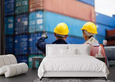 Warehouse shipping transportation concept. Commercial docks worker and inspector at commercial dock. Workers are wearing protective clothing they are standing against cargo containers. Wall mural