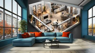 AI generated illustration of an open floor plan apartment living area, featuring a living room Wall mural