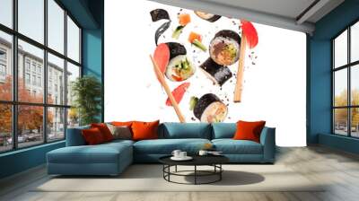 Fresh maki sushi rolls with ginger frozen in the air, isolated on white background Wall mural