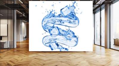 Ice cubes with splashes of water in a swirling shape on white background Wall mural