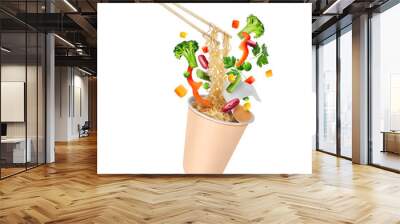 Instant noodles on wooden chopstick with vegetables and greens isolated on white background Wall mural