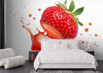 Juice splashes out from cutted strawberry on a white background Wall mural