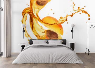 Juice splashes out from the cut apricot on a white background Wall mural