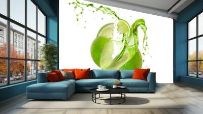 juice splashes out of a cut lime on a white background Wall mural