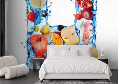 Latin letter H made of water splashes with different fruits and berries Wall mural