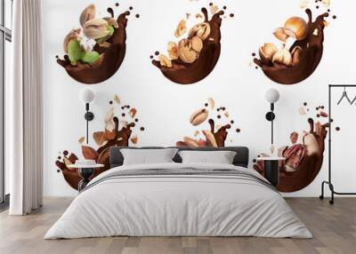 Set of chocolate splashes with different crushed nuts closeup, isolated on a white background Wall mural