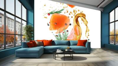 Slices of fresh red fish and flavored spices with a splash of oil close-up, isolated on a white background Wall mural