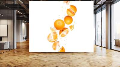 Whole and sliced fresh oranges in the air on a white background Wall mural