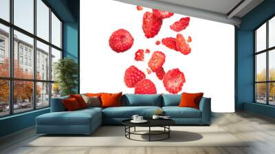 Whole and sliced raspberries in the air, isolated on a white background Wall mural