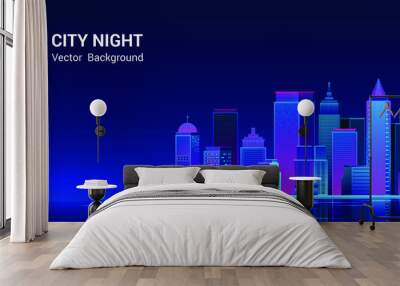 Night city panorama.Cityscape on a dark background with bright and glowing neon purple and blue lights. Wide highway side view. Cyberpunk and retro wave style Vector illustration. Wall mural