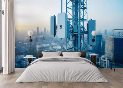 5G base station receiver, mounted on a modern telecommunication tower with dense data Wall mural