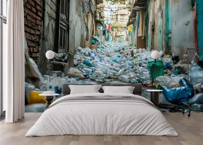 alleyway filled with crumpled plastic bottles and trash bags, emphasizing the environmental contamination prevalent Wall mural