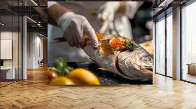 chef preparing a gourmet fish dish in an open kitchen, showcasing the freshness and quality of the fish as part of a high-end Wall mural