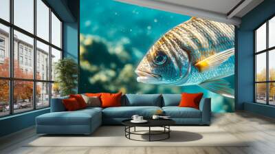 Close-up of a fresh fish in its natural ocean environment, its scales shimmering as it glides through the water Wall mural