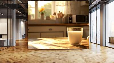 comforting scene of a glass of milk on a wooden table, with a background of a cozy, sunlit kitchen Wall mural