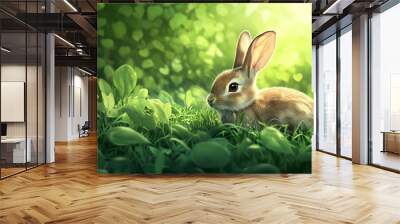 cute rabbit resting in a meadow, its soft fur blending with the green surroundings, looking peaceful and content Wall mural