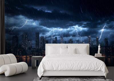 Dark storm clouds rolling in over a city skyline, with lightning flashing across the sky Wall mural