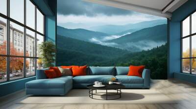 distant view of a rainstorm moving across the mountains, with mist rising from the forested Wall mural