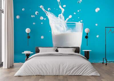 glass of milk with a splash captured in high-speed, every droplet and wave in perfect clarity against a bright blue background Wall mural