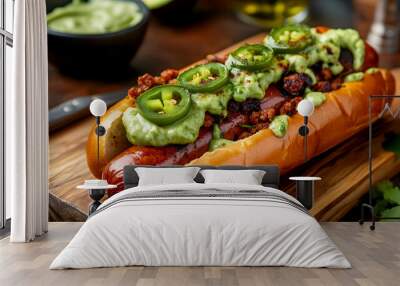 Gourmet hot dog with spicy chorizo sausage, pickled jalapeños, and a creamy avocado sauce Wall mural