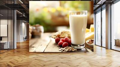 health-conscious scene with a glass of milk on a wooden table, accompanied by nutritious breakfast foods Wall mural