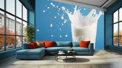 powerful burst of milk splashing out of a glass, the liquid spreading in all directions against a bold blue background Wall mural